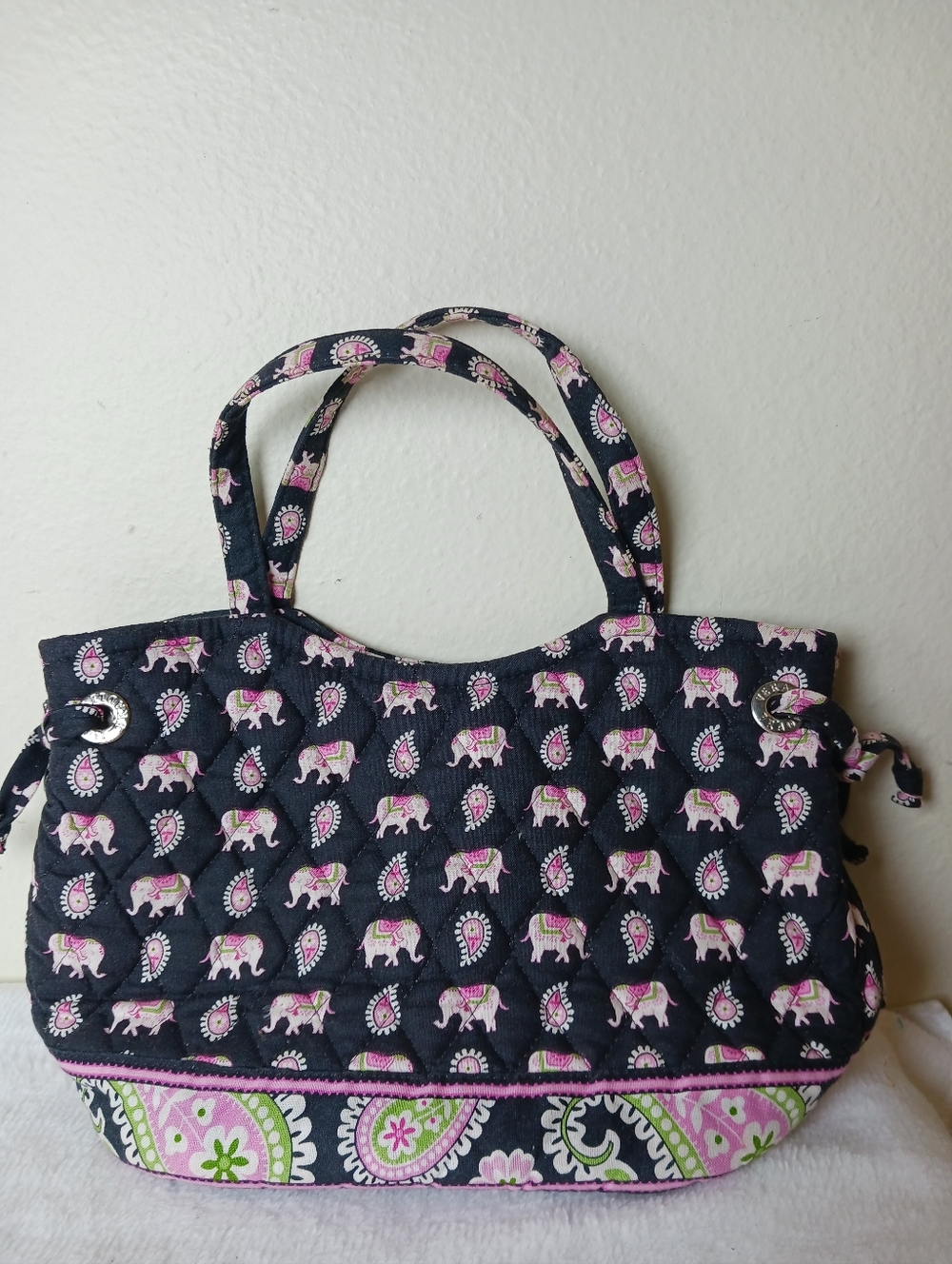 Quilted Navy and Pink Elephant Print Tote Bag